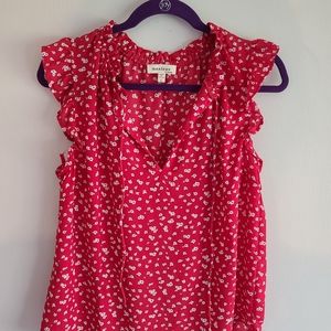 Monteau Red Tie- Neck Flutter Sleeve Blouse L